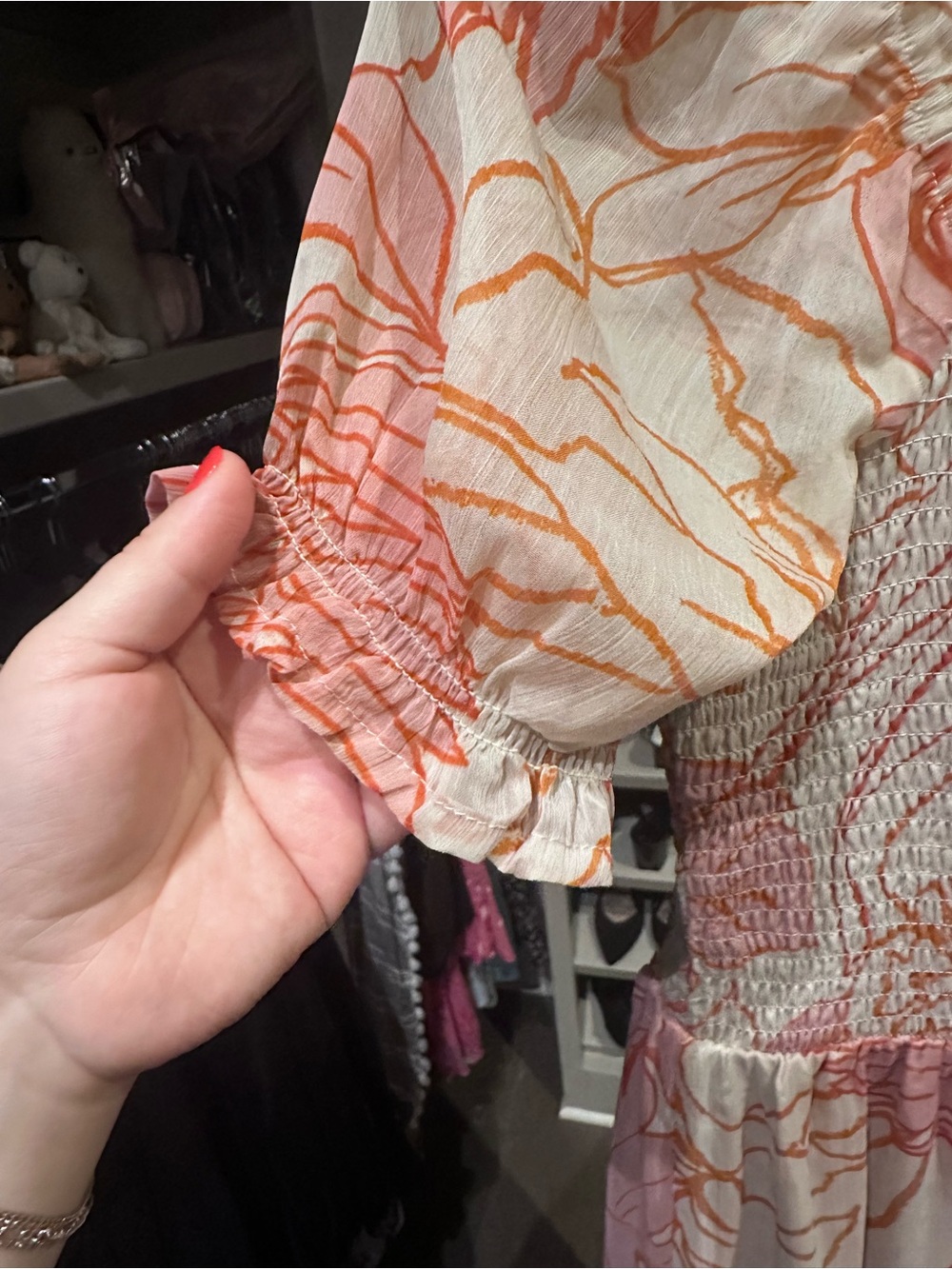 NWOT - Women’s Smocked Ruffle Sleeve Pink & Orange Tropical Tiered Dress - Picture 2 of 6
